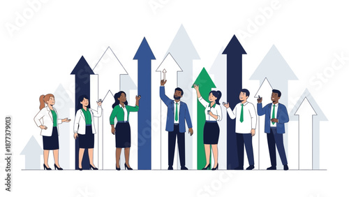 Diverse business team celebrating financial growth and success with upward arrows