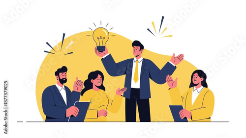 Teamwork and Innovation: Business Meeting with Lightbulb Idea