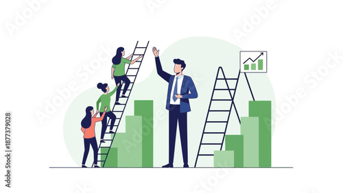 Teamwork climbing ladder to success with growth chart