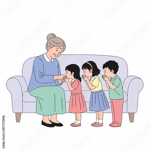 Grandmother with three children standing together.