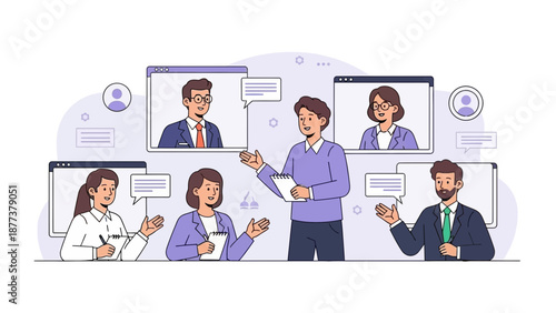Diverse team collaborating in a virtual meeting, online communication
