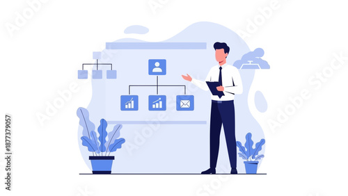 Businessman presenting organizational chart on whiteboard with growth charts