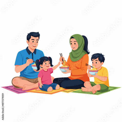 Family Eating Together on Blanket Outdoors.