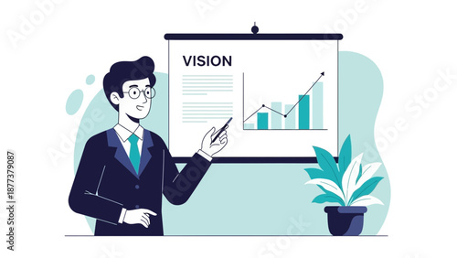 Businessman presenting company vision and growth chart on whiteboard