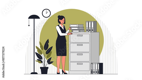 Office Woman Organizing Files in Filing Cabinet, Business Workflow