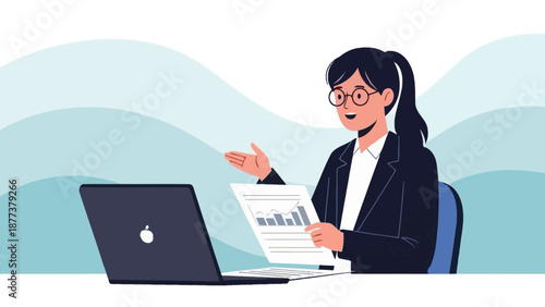 Businesswoman presenting financial report on laptop, professional woman at work