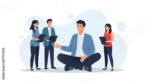 Diverse team collaborating, leader in lotus pose, modern flat illustration