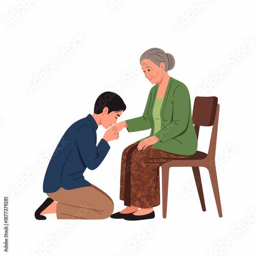 Man kneeling before elderly woman respectfully.