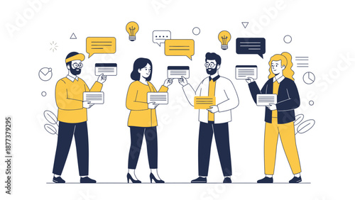 Diverse team discussing ideas, brainstorming, business communication, vector illustration