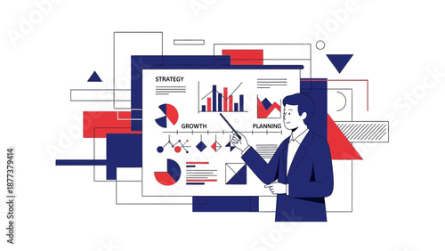 Businessman presenting financial growth strategy with charts and graphs