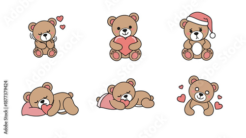 Adorable cartoon teddy bears in various poses and outfits on a plain white background