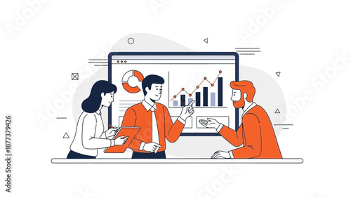 Business team analyzing financial charts on a screen, collaboration and strategy