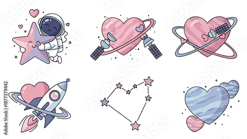 Astronaut floating near a star with heart-shaped planets and constellations in a whimsical space scene illustration