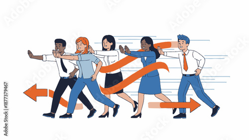 Diverse team pushing forward, overcoming obstacles with teamwork and unity.