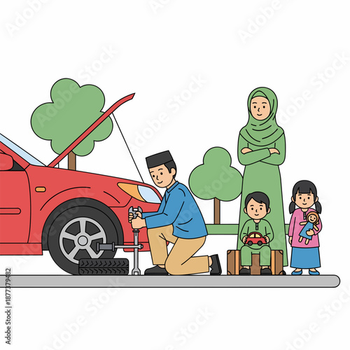 Man Repairing Red Car with Family.