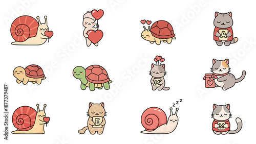 Adorable Cartoon Snails and Cats Interacting with Hearts and Gifts in a Whimsical Digital Illustration