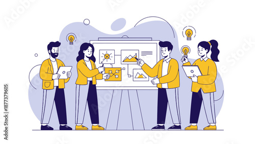 Team Collaboration Brainstorming Strategy Meeting with Presentation Board