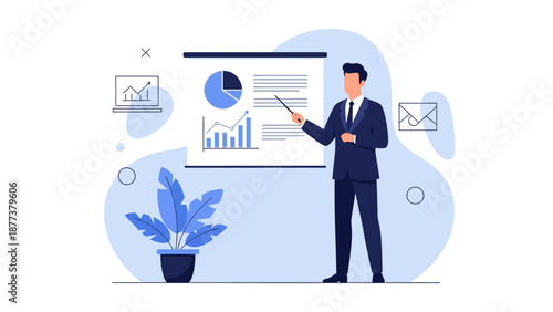 Business Man Presenting Financial Data on Whiteboard with Charts and Graphs