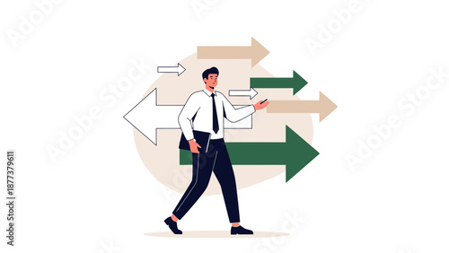 Businessman making a choice among multiple directional arrows
