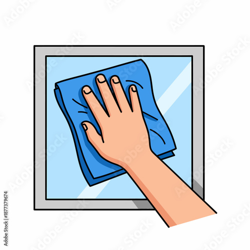 Hand Cleaning Window with Blue Cloth.