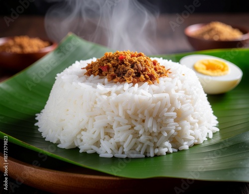 Hot White Rice with Banana Leaf