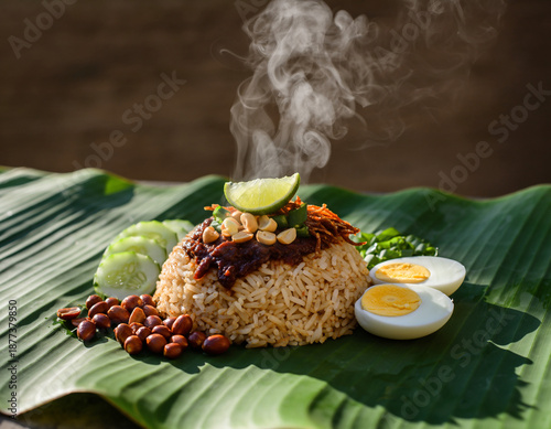 Malaysian Nasi Lemak on a banana leaf