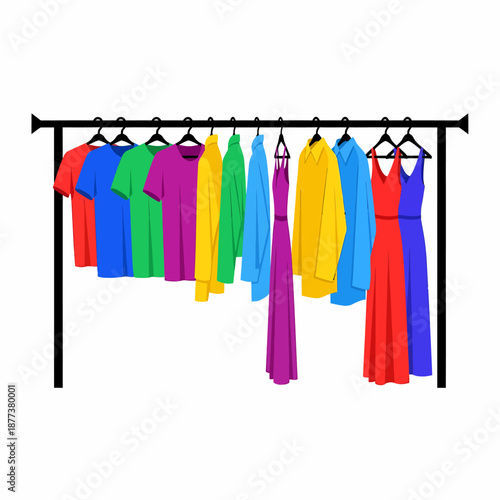 Colorful dresses hanging on clothing rack.