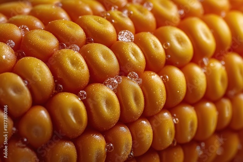 Close-up of Fresh Corn Kernels with Water, Droplets and Bubbles, Culinary Ingredient Background
