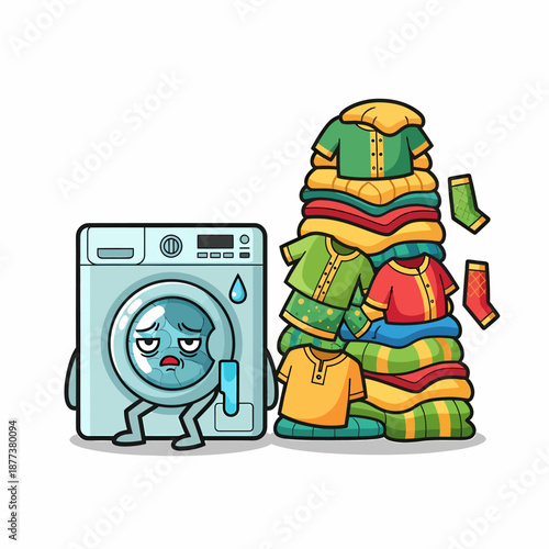 Unhappy Washing Machine with Laundry Piles.