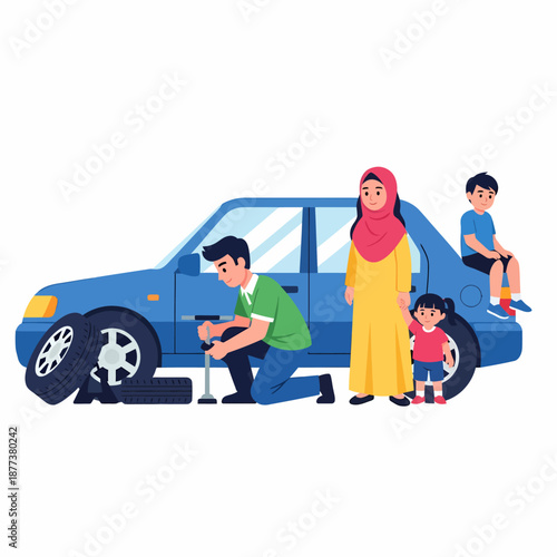 Family Standing Near Blue Car Illustration.