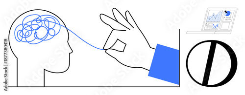 Mental clarity, problem solving, cognitive psychology, analytics, data visualization, decision-making. Hand untangling thread from head, laptop with graph. Mental clarity and problem-solving concept