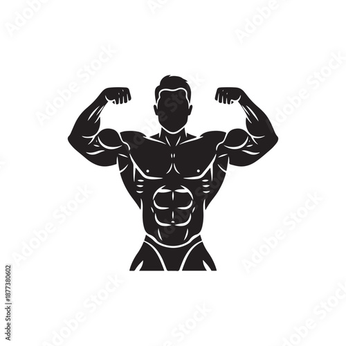 Male bodybuilder in posing trunks flexing muscles for competition or exhibition on white background