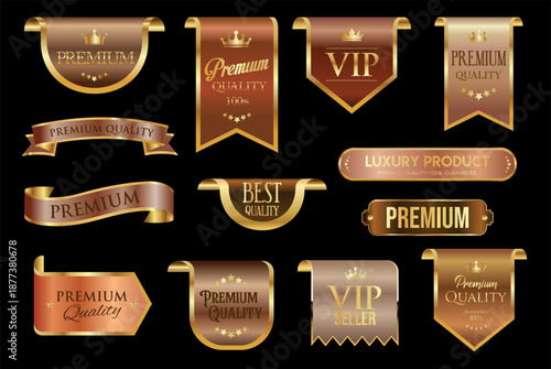 Gold and bronze luxury labels and badges premium quality certificate ribbons vector illustration