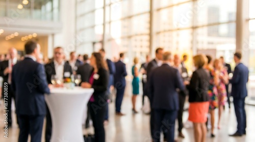 A large group of diverse business professionals and attendees are networking and socializing at a vibrant corporate event in a spacious, modern hall.