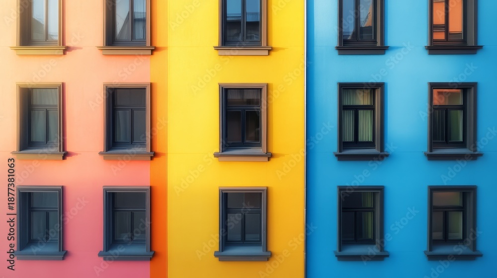 Obraz premium Vibrant multi colored building facade with distinctive and shutters urban architecture detail.