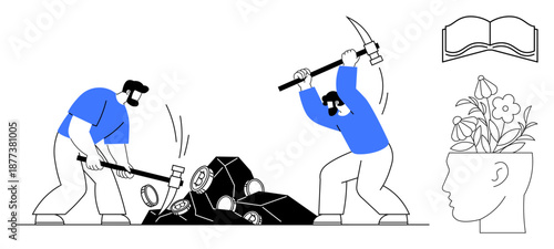 Two workers breaking rocks with tools, an open book, and flowers growing from a head silhouette. Ideal for teamwork, learning, self-improvement, growth mindset, innovation, productivity