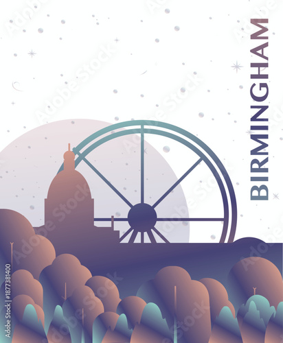 Birmingham, England UK gradient futuristic poster. Vector landmark abstract silhouette graphic for brochure, vertical page, booklet, cover