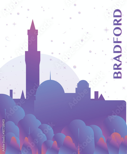 Bradford, England UK gradient futuristic poster. Vector landmark abstract silhouette graphic for brochure, vertical page, booklet, cover