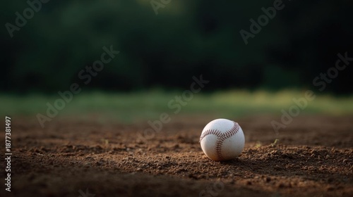 Close-up of a baseball on a baseball field. the ball is in the center of the image, with the dirt and grass visible in the background.