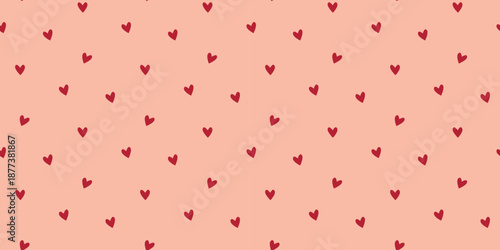 Minimalistic seamless pattern with hearts. Beige background with tiny red hearts. Cute print for textiles, wallpaper, packaging, tiles, paper, design, vector graphics