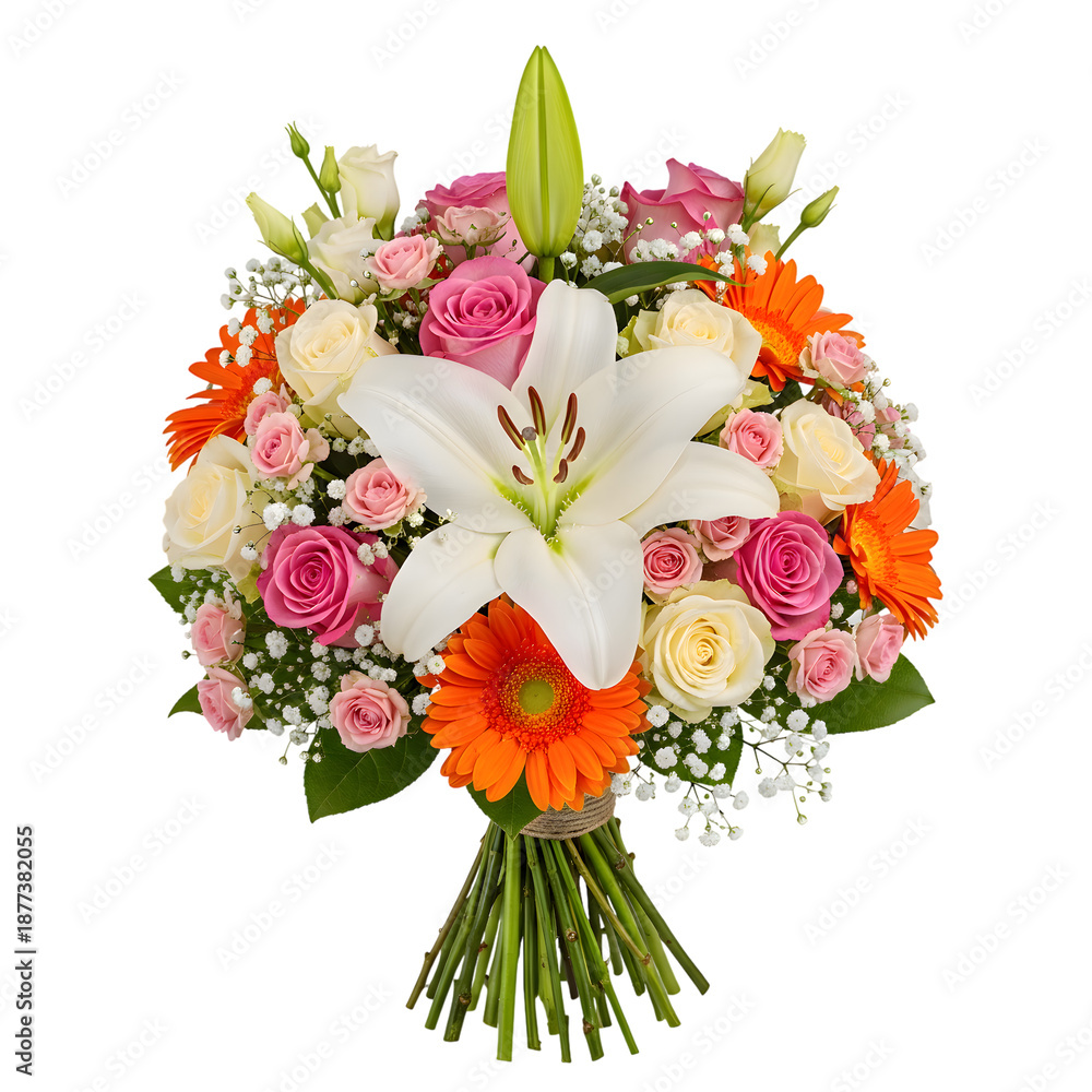 Obraz premium Vibrant Bouquet of White Lily Pink Roses Orange Gerbera and Baby's Breath Flowers floral