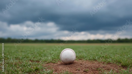 Baseball lying on the ground in the middle of a grassy field. the field appears to be empty, with no other players or spectators visible in the background.