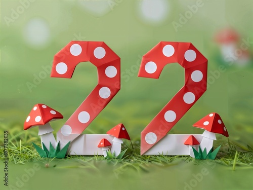 Whimsical red origami number 22 with white polka dots, styled like mushrooms in a green field. Creative paper craft art for birthdays, anniversaries, or nature-themed decorative concepts.
