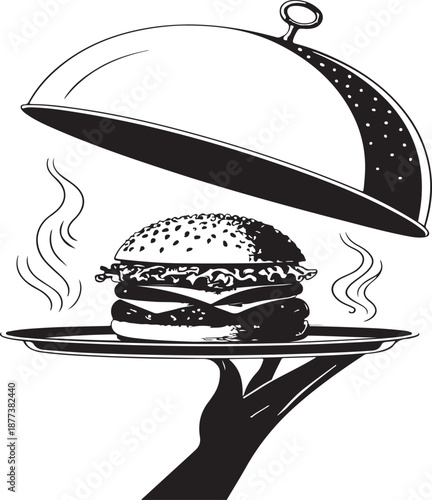 Delicious burger served on a platter with a cloche lid