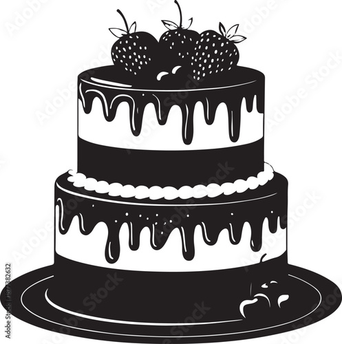 Delicious chocolate cake with strawberries and cherries on top for dessert