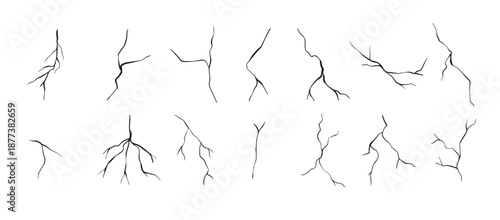 Set of cracks. Collection of different black lightning bolts. Earth crack. Set thunderstorm and lightning. Vector illustration of natural phenomena on white background. Vector illustration.