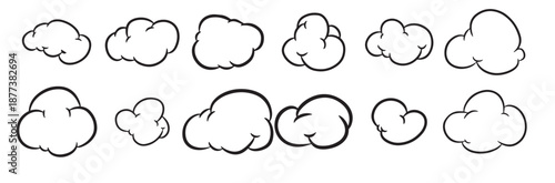 Hand drawn thought bubbles cloud set. Doodle thinking clouds for ideas imagination brainstorming comics sketch style black line vector illustration.