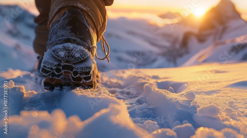 Bottom of hiking boot covered in snow stepping over a ridge with bright sunrise mountain peaks