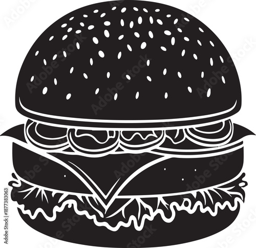 Modern black burger illustration with sesame seed bun and lettuce