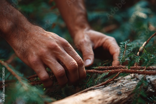 Hand Touching Pine Branch Close-Up in Outdoor Natural Forest for Craft Material
